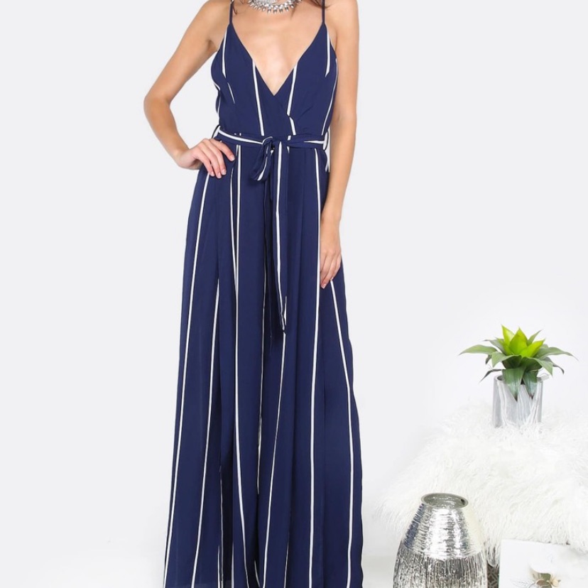 Pinstriped Open Palazzo Pants Romper